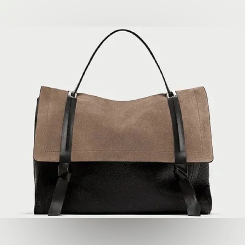 Zara Crossbody Satchel Suede Leather Taupe Black Women’s Minimalist Quiet Luxury